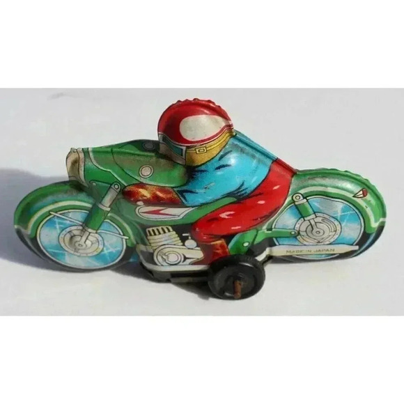 Vintage Green Motorcycle Friction Tin Toy - Made In Japan - Picture 3 of 5